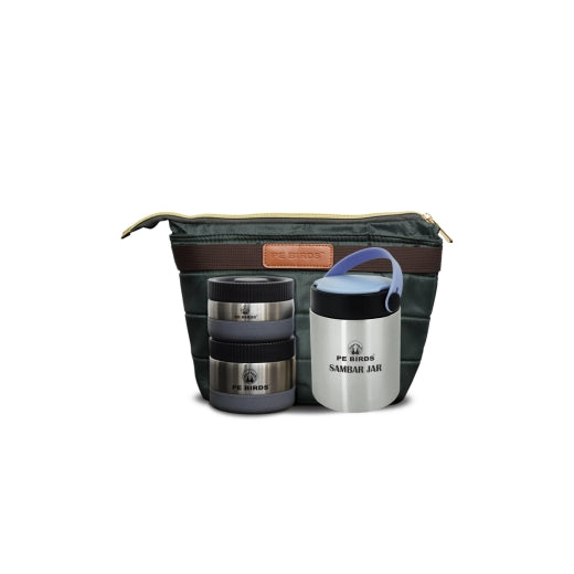 PeBirds Espresso Sambar Jar Nutri kit Lunch boxes 500ml Insulated food jar & 400ml & 300ml steel containers (the two containers are regular airtight,leakproof container)