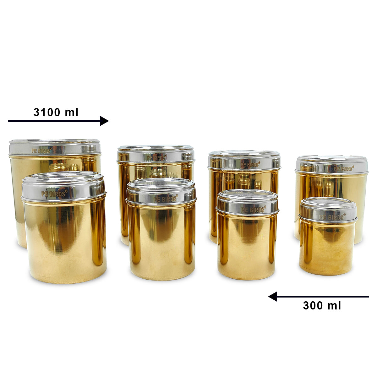 PE BIRDS Ruby Rose gold Storage Jars ( Pack of 8 ) 300ml to 3100ml