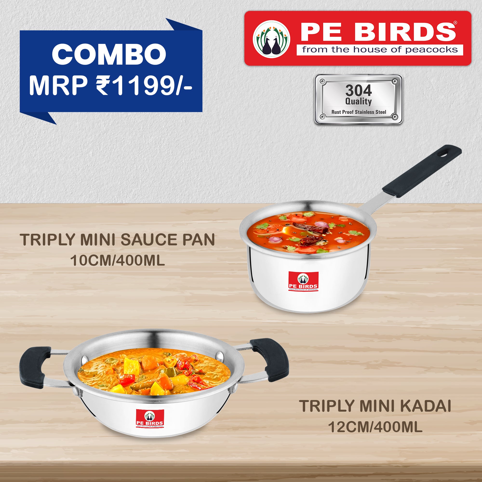 Pe Birds Mini Triply Essential Duo (Sauce Pan + Kadai) - pebirds-peacocks