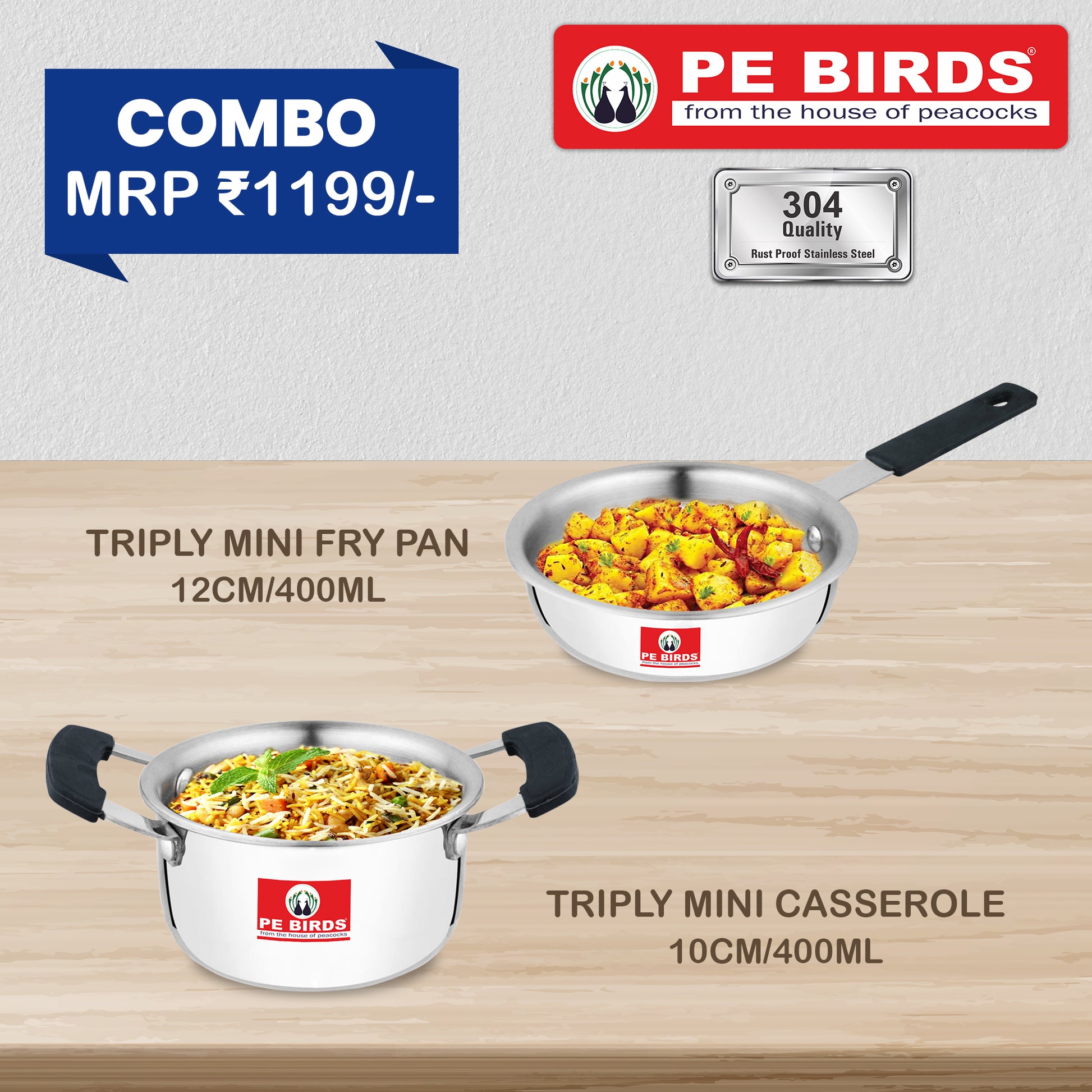 Pe Birds Mini Triply Essential Duo (Fry Pan + Casserole)