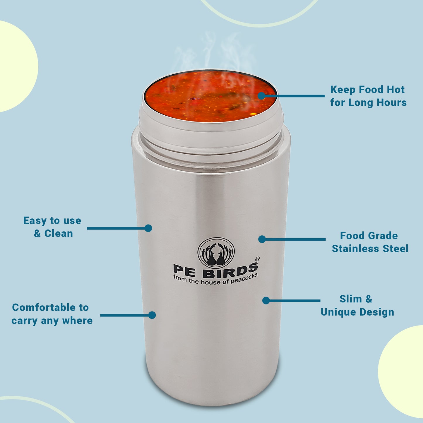 PEBIRDS Flow Insulated Food Jar, Sambar jar | Steel lid soup flask - pebirds-peacocks