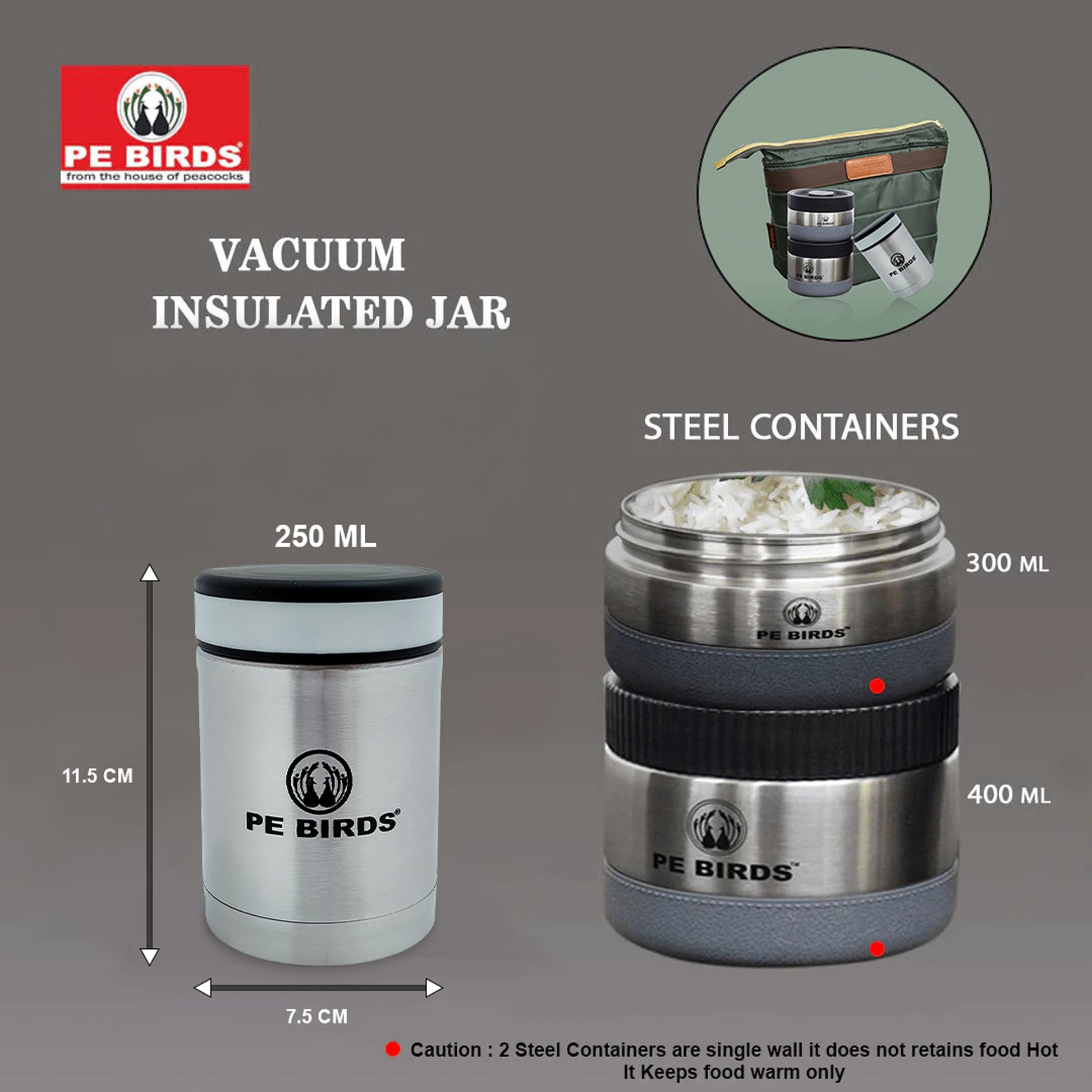 PeBirds Sambar Jar Nutri kit Lunch boxes 250ml Insulated food jar & 400ml & 300ml steel containers (the two containers are regular airtight,leakproof container)