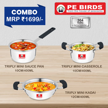 Pe Birds Mini Triply Classic Trio (Sauce Pan + Casserole + Kadai) - pebirds-peacocks