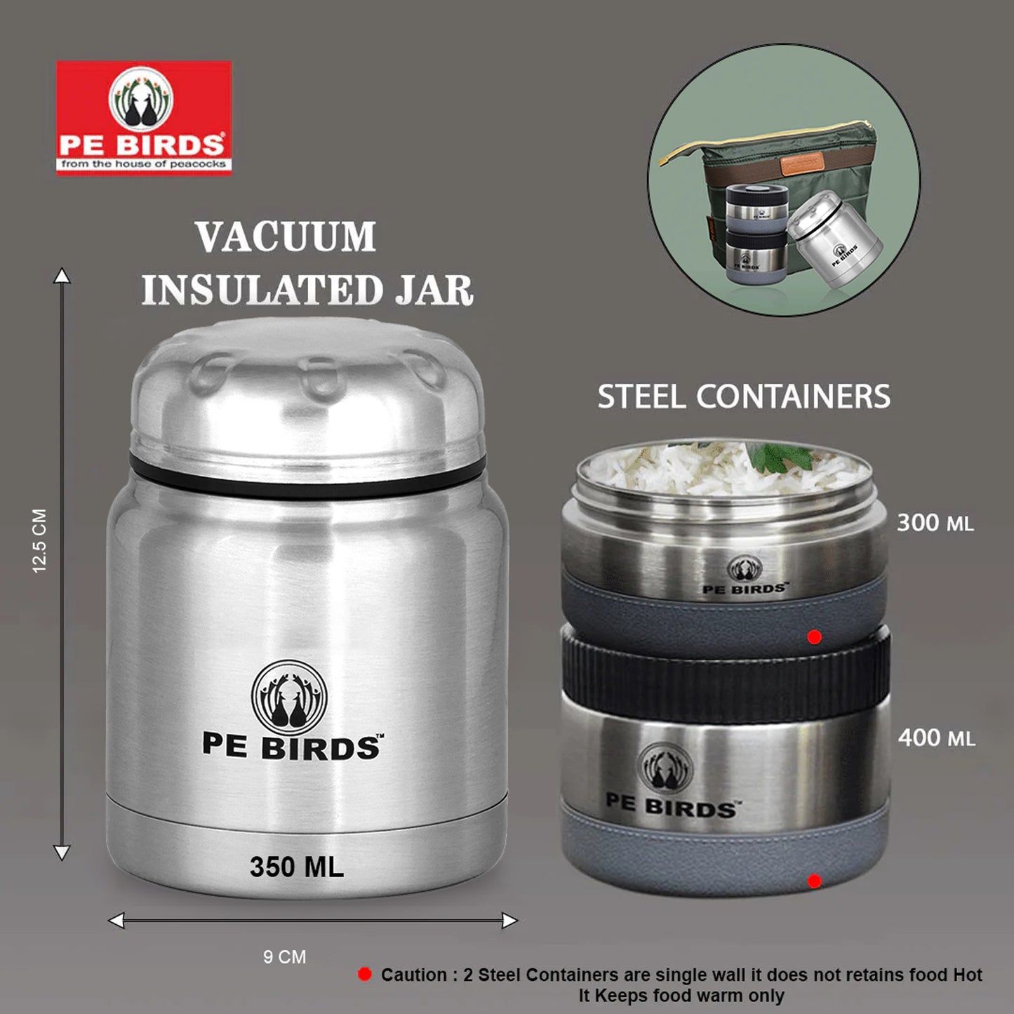 PeBirds Sambar Jar Nutri kit Lunch boxes 350ml Insulated food jar & 400ml & 300ml steel containers (the two containers are regular airtight,leakproof container) Pluto - pebirds-peacocks