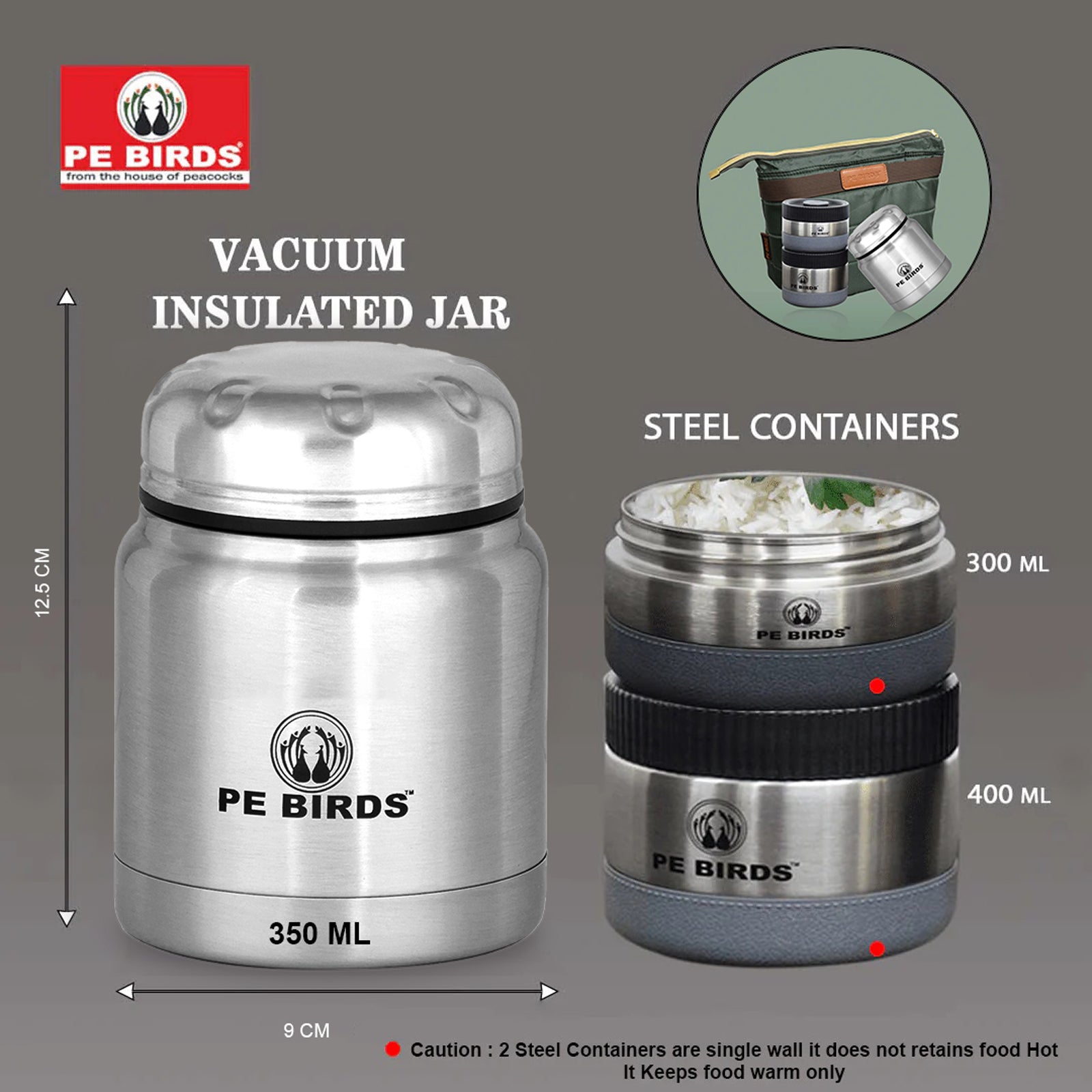 PeBirds Sambar Jar Nutri kit Lunch boxes 350ml Insulated food jar & 400ml & 300ml steel containers (the two containers are regular airtight,leakproof container) Pluto