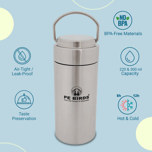 PEBIRDS Flow Insulated Food Jar, Sambar jar | Steel lid soup flask - pebirds-peacocks