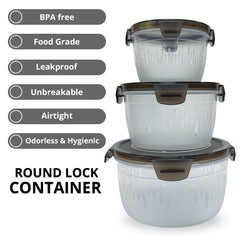 PE BIRDS Lock Round BPA free Food grade Unbreakable Airtight Food Storage Containers Pack of 3 ( 600ml/1200ml/1800ml )