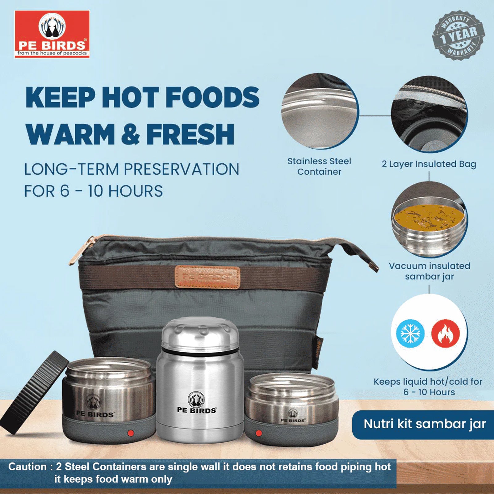 PeBirds Sambar Jar Nutri kit Lunch boxes 350ml Insulated food jar & 400ml & 300ml steel containers (the two containers are regular airtight,leakproof container) Pluto - pebirds-peacocks
