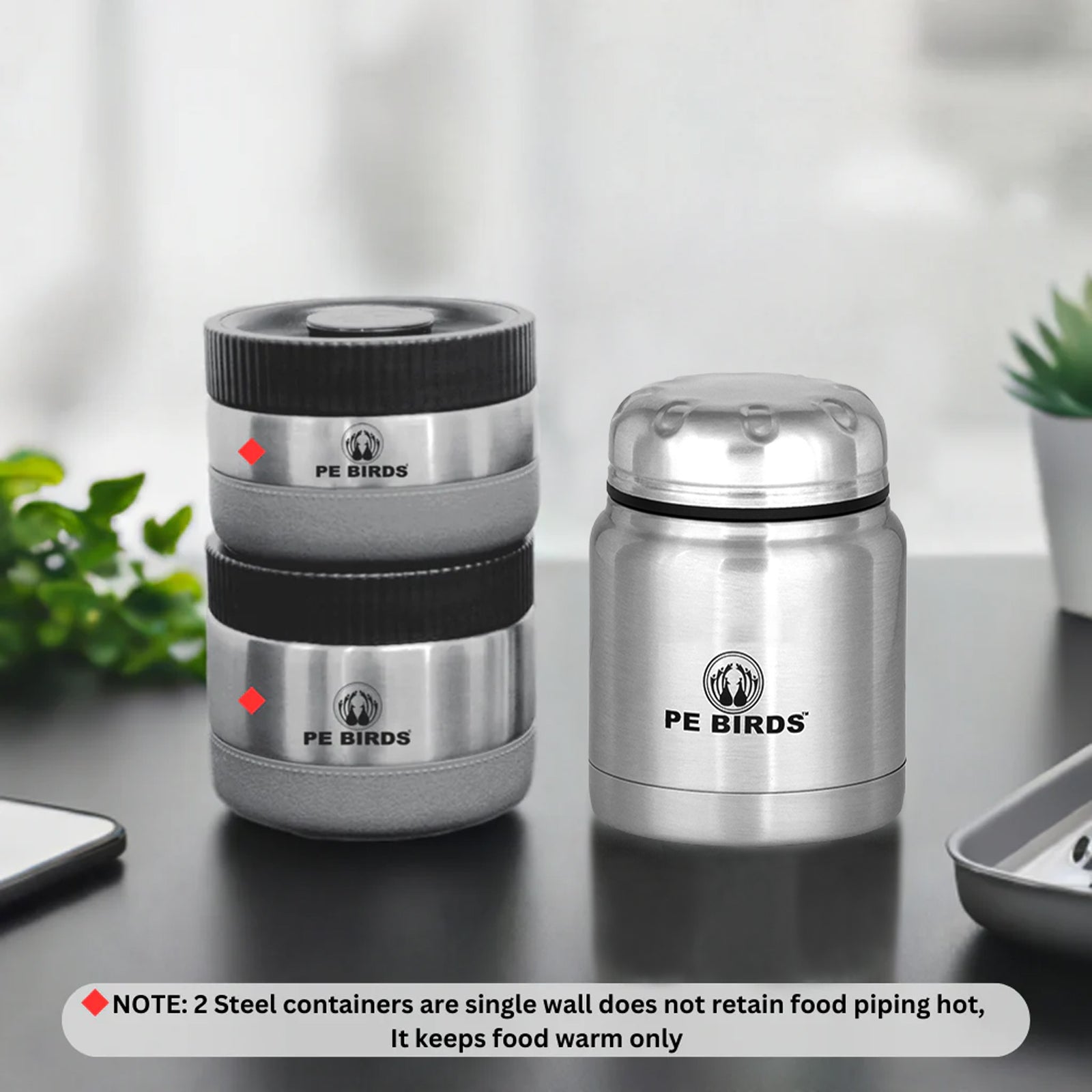 PeBirds Sambar Jar Nutri kit Lunch boxes 350ml Insulated food jar & 400ml & 300ml steel containers (the two containers are regular airtight,leakproof container) Pluto - pebirds-peacocks