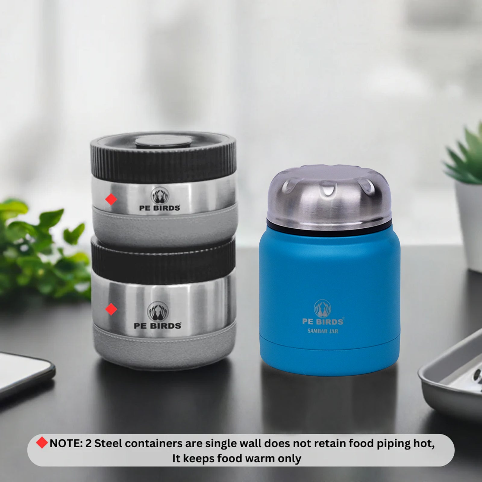 PeBirds Sambar Jar Nutri kit Lunch boxes 350ml Insulated food jar & 400ml & 300ml steel containers (the two containers are regular airtight,leakproof container) Pluto