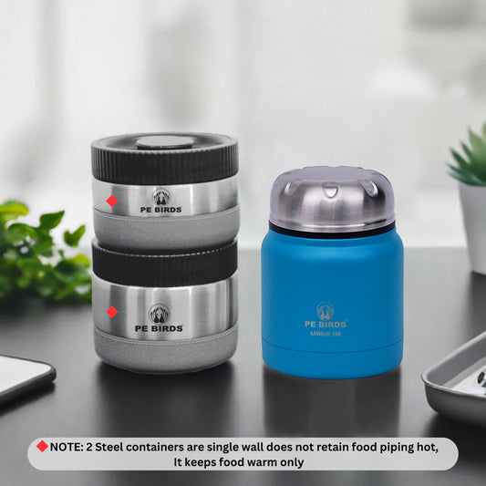 PeBirds Sambar Jar Nutri kit Lunch boxes 350ml Insulated food jar & 400ml & 300ml steel containers (the two containers are regular airtight,leakproof container) Pluto - pebirds-peacocks