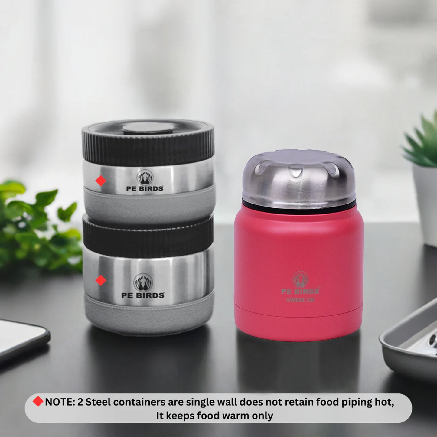 PeBirds Sambar Jar Nutri kit Lunch boxes 350ml Insulated food jar & 400ml & 300ml steel containers (the two containers are regular airtight,leakproof container) Pluto - pebirds-peacocks