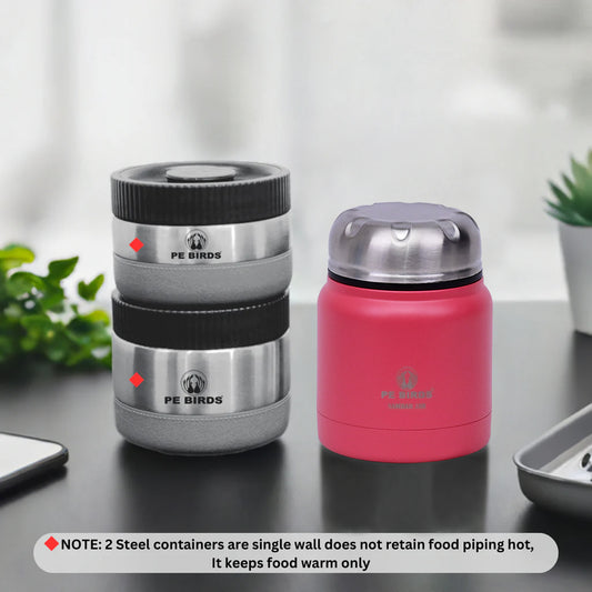 PeBirds Sambar Jar Nutri kit Lunch boxes 350ml Insulated food jar & 400ml & 300ml steel containers (the two containers are regular airtight,leakproof container) Pluto - pebirds-peacocks