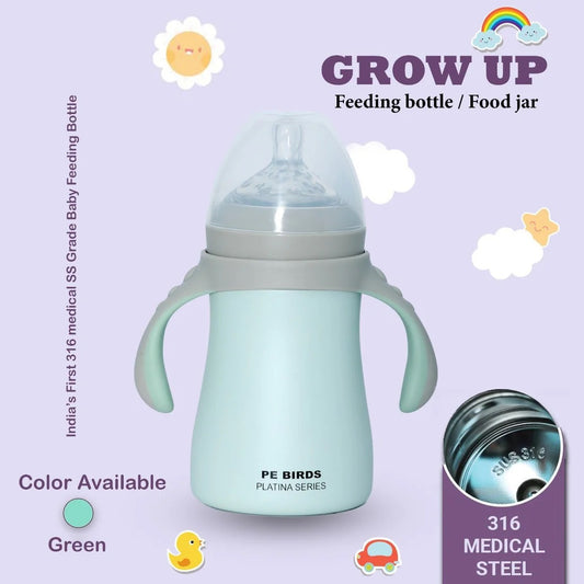 PE BIRDS 316 Grade Stainless Steel Double Wall Baby Bottle | Insulated food jar for Baby 280ml (Nipple) - pebirds-peacocks