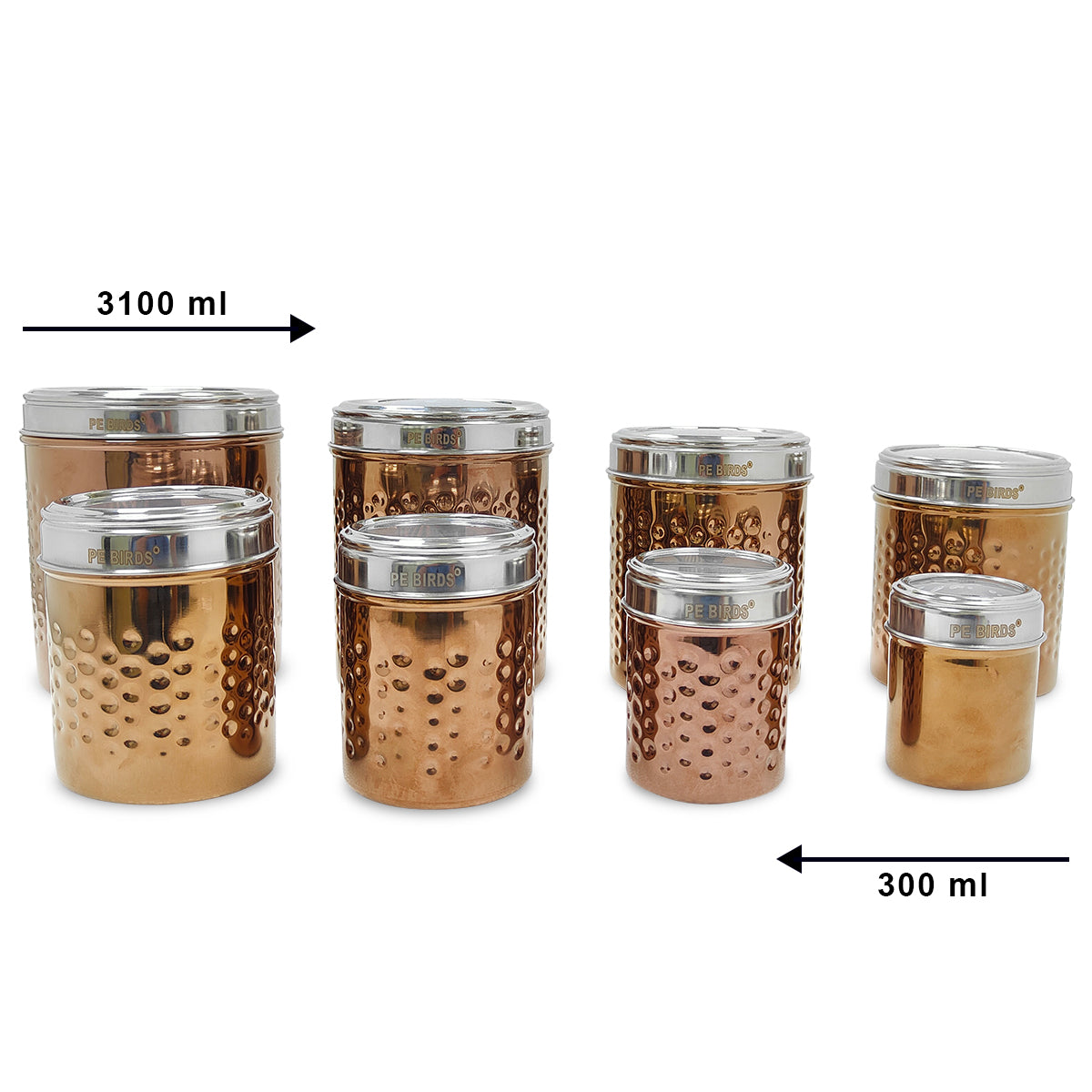 PE BIRDS Kohinoor Gold hammered round Storage Jars ( Pack of 8 ) 300ml to 3100ml