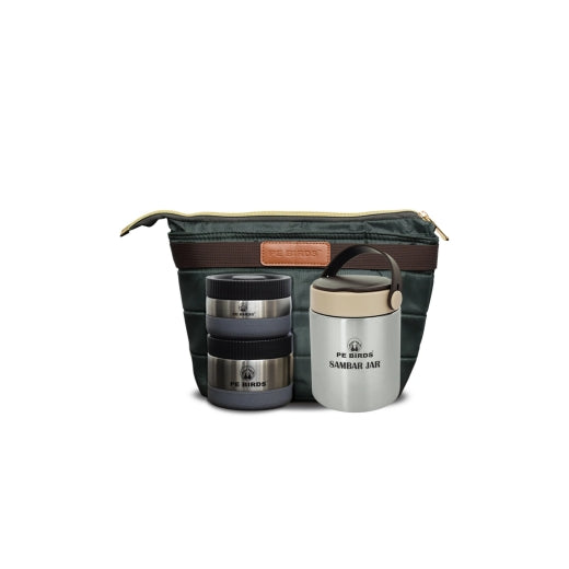 PeBirds Espresso Sambar Jar Nutri kit Lunch boxes 500ml Insulated food jar & 400ml & 300ml steel containers (the two containers are regular airtight,leakproof container)