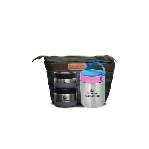 PeBirds Espresso Sambar Jar Nutri kit Lunch boxes 500ml Insulated food jar & 400ml & 300ml steel containers (the two containers are regular airtight,leakproof container) - pebirds-peacocks