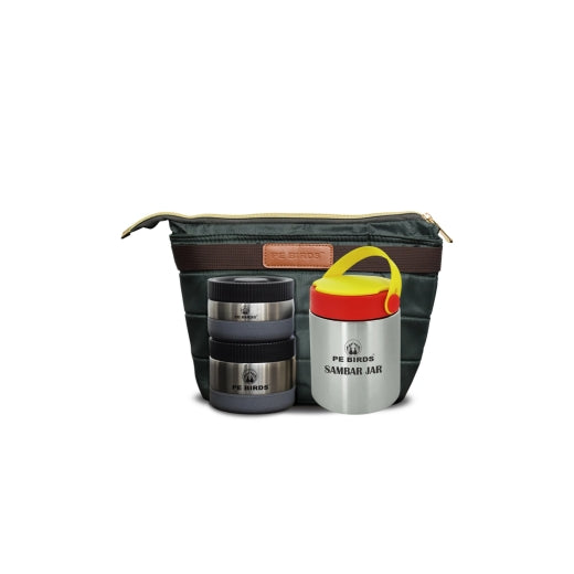PeBirds Espresso Sambar Jar Nutri kit Lunch boxes 500ml Insulated food jar & 400ml & 300ml steel containers (the two containers are regular airtight,leakproof container) - pebirds-peacocks