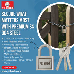 PE Birds Premium SS 304 Stainless Steel Padlock | Heavy-Duty | Rust-Resistant | High Security - pebirds-peacocks