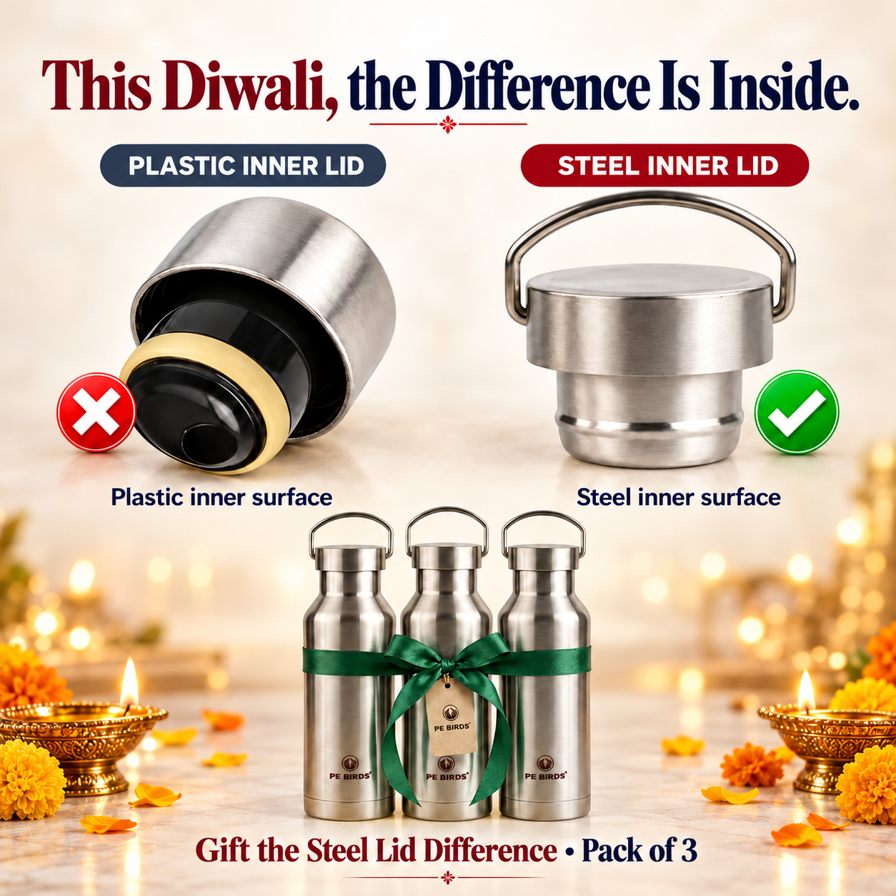 PE BIRDS Maxo Diwali Gift Box – Stainless Steel Water Bottles with Steel Lids | 3 × 750 ml