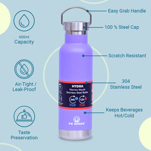 PE BIRDS Hydra Steel LID Stainless Steel flask 600 ml | Say No to plastic lid ( Free Name Engraving on flask)