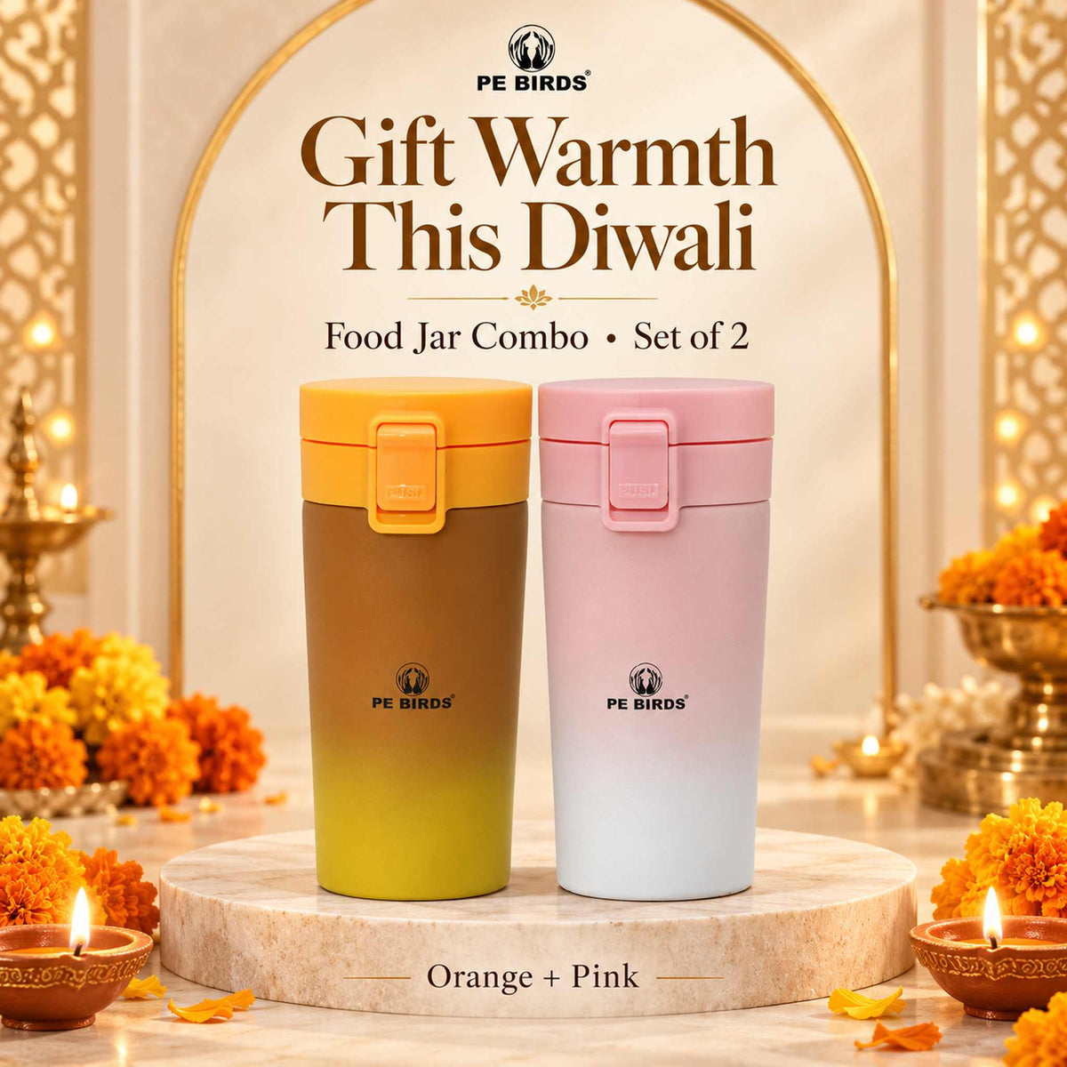 PE BIRDS Diwali Gift Combo – Insulated Stainless Steel Food Jars, Set of 2