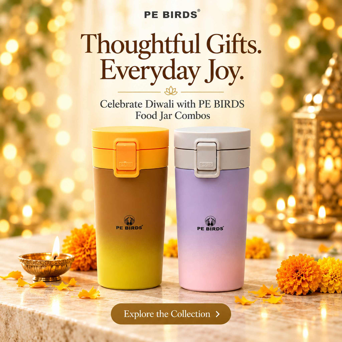 PE BIRDS Diwali Gift Combo – Insulated Stainless Steel Food Jars, Set of 2