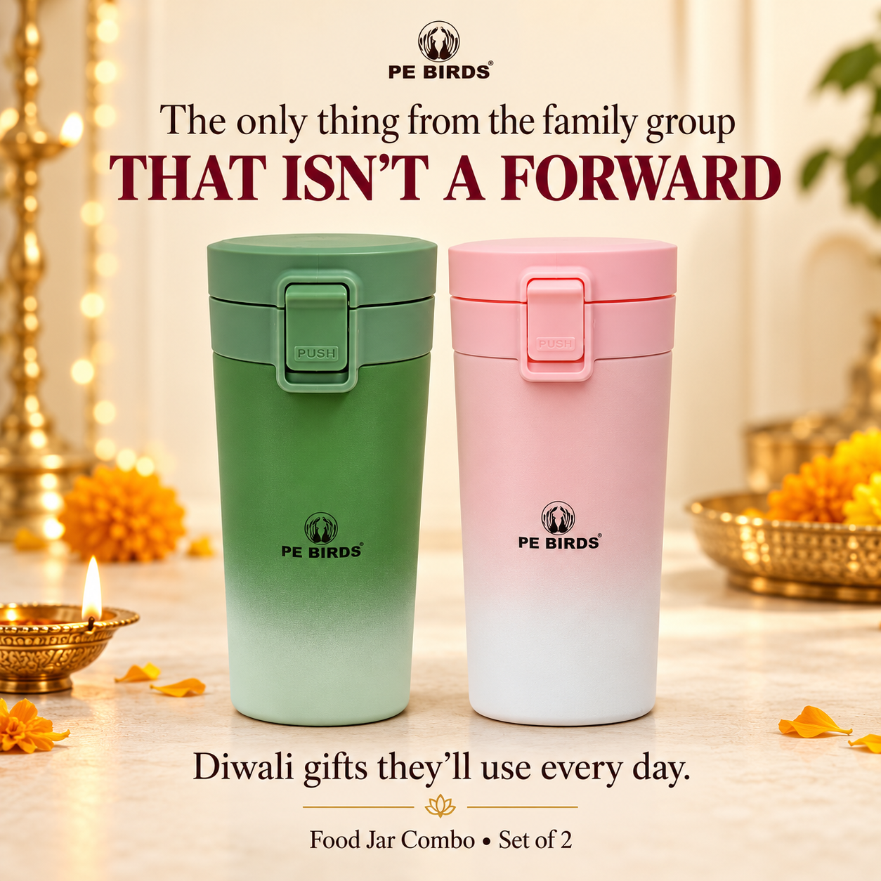 PE BIRDS Diwali Gift Combo – Stainless Steel Insulated Food Jars | Set of 2