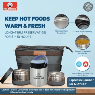 PeBirds Espresso Sambar Jar Nutri kit Lunch boxes 500ml Insulated food jar & 400ml & 300ml steel containers (the two containers are regular airtight,leakproof container) - pebirds-peacocks