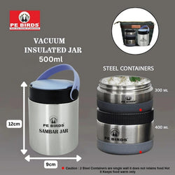 PeBirds Espresso Sambar Jar Nutri kit Lunch boxes 500ml Insulated food jar & 400ml & 300ml steel containers (the two containers are regular airtight,leakproof container)