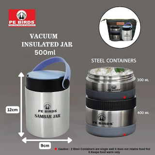 PeBirds Espresso Sambar Jar Nutri kit Lunch boxes 500ml Insulated food jar & 400ml & 300ml steel containers (the two containers are regular airtight,leakproof container)
