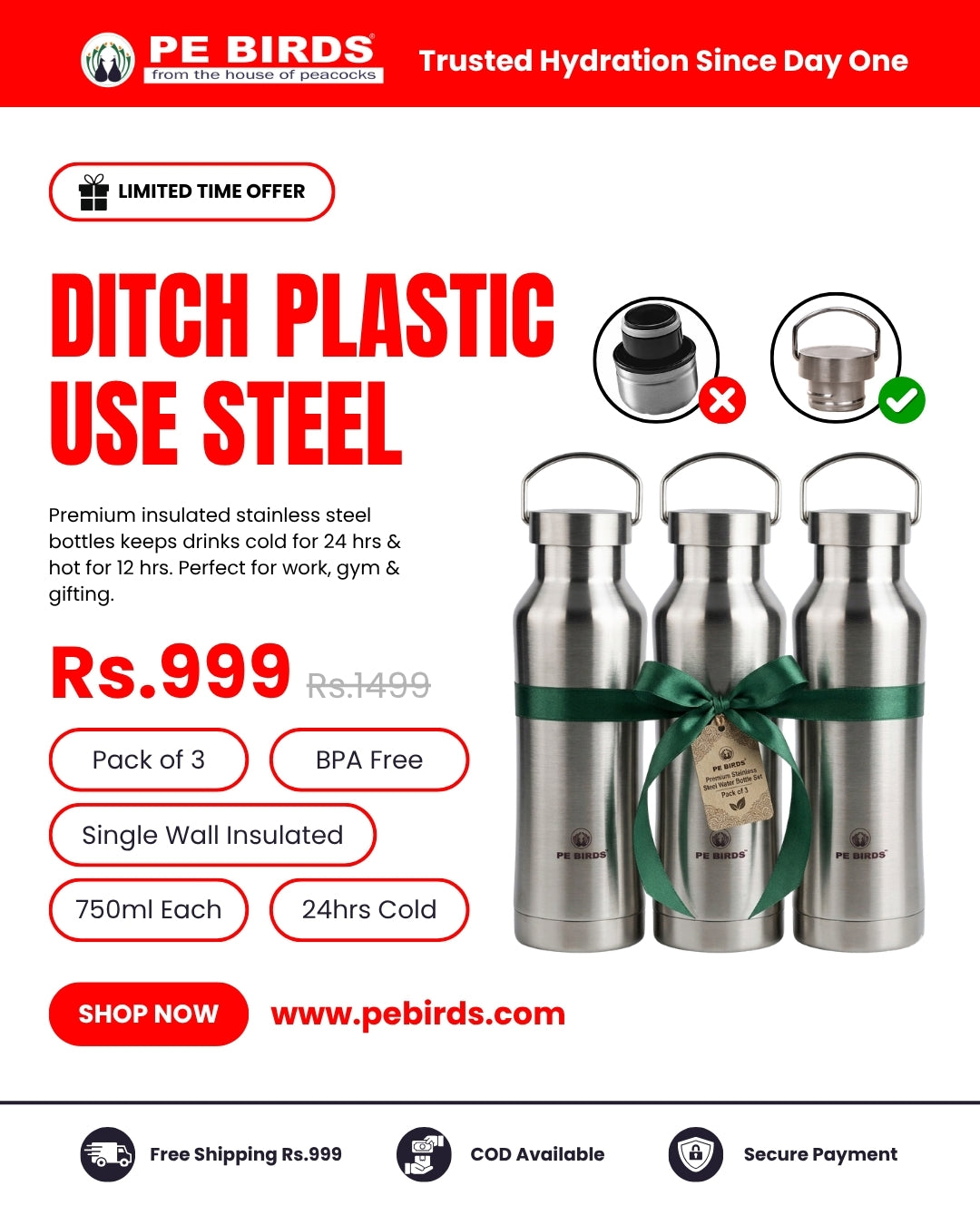 Pe Birds Maxo 750ml Steel Lid (Pack of 3)