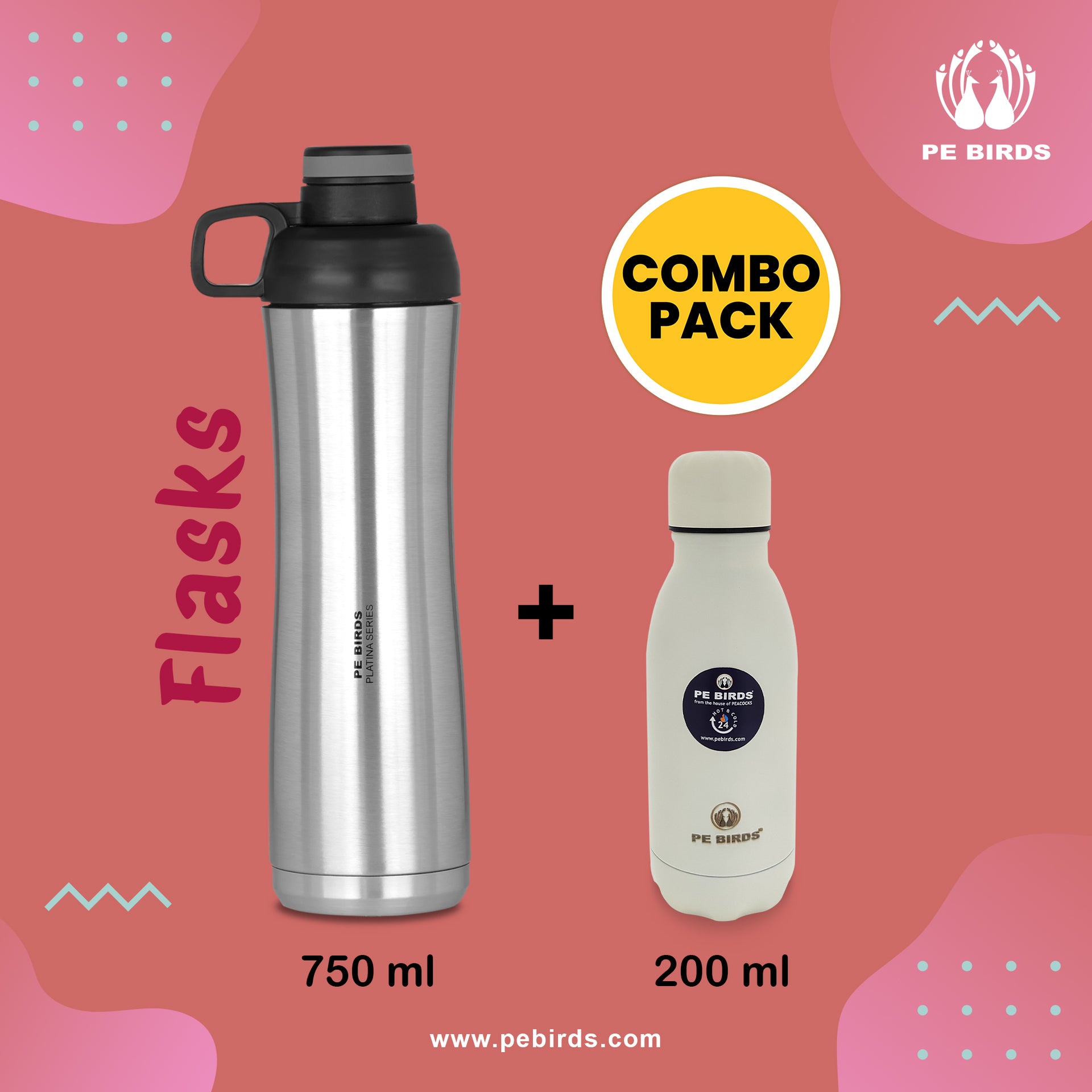 PE BIRDS Stainless Steel Thermos Vacuum Flask 750 ml(Platina