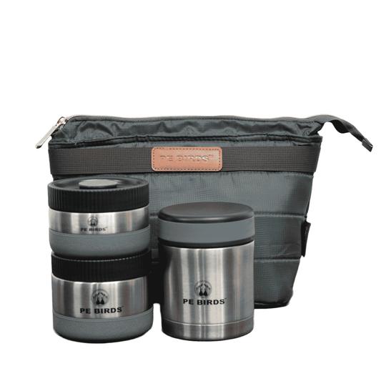 PeBirds Sambar Jar Nutri kit Lunch boxes 350ml Insulated food jar & 400ml & 300ml steel containers (the two containers are regular airtight,leakproof container) - pebirds-peacocks
