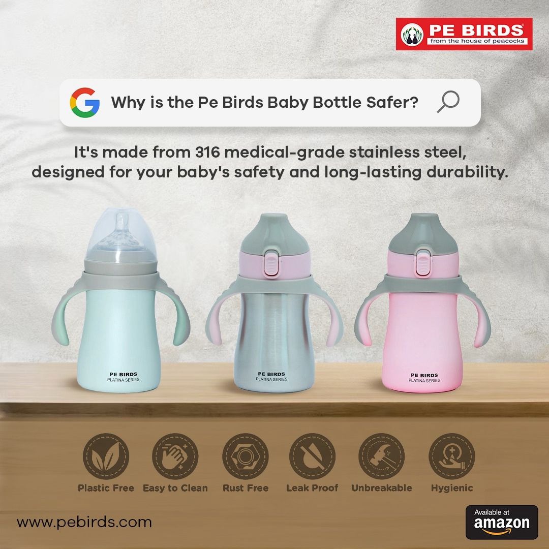 PE BIRDS 316 Grade Stainless Steel Double Wall Baby Bottle | Insulated food jar for Baby 280ml