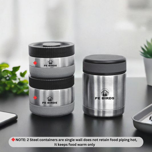 PeBirds Sambar Jar Nutri kit Lunch boxes 350ml Insulated food jar & 400ml & 300ml steel containers (the two containers are regular airtight,leakproof container)