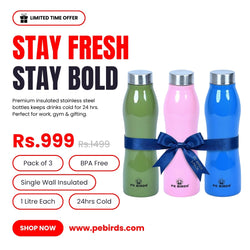 Pe Birds Zircon Stainless Steel Water Bottle 1000ml - BPA-Free (Pack of 3)