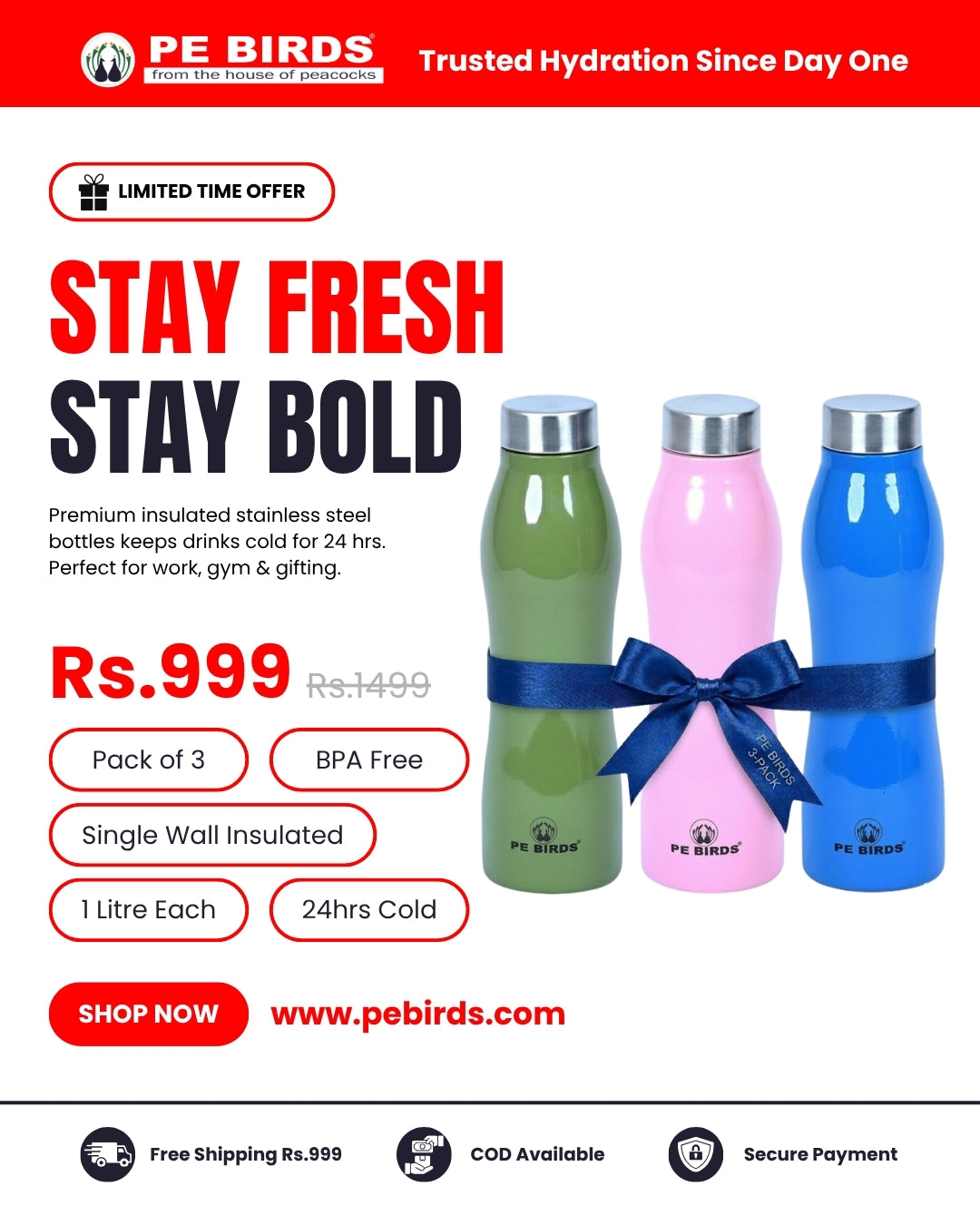 Pe Birds Zircon Stainless Steel Water Bottle 1000ml - BPA-Free (Pack of 3)