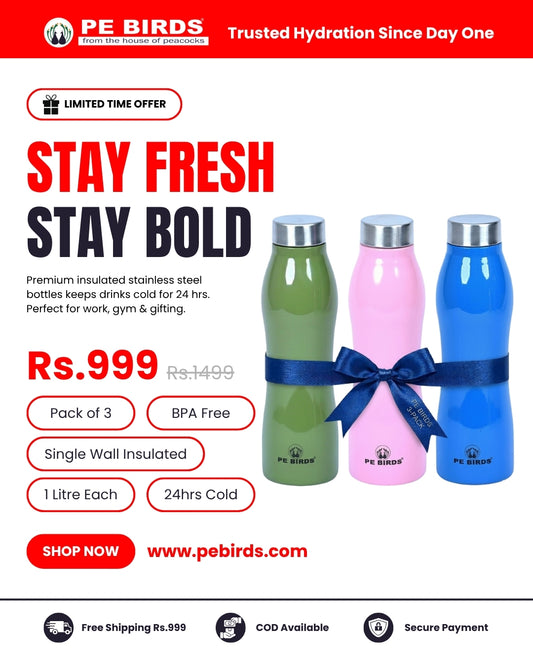 Pe Birds Zircon Stainless Steel Water Bottle 1000ml - BPA-Free (Pack of 3)