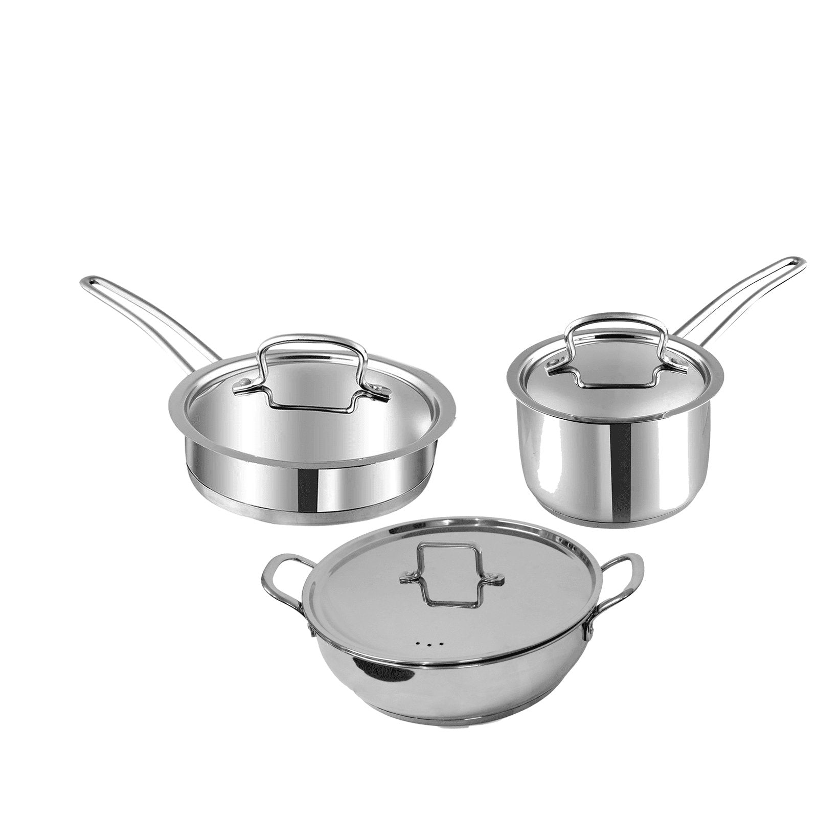 Deluxe Combo Set of 3 Pcs - Frypan 22cm+ Sauce Pan 18 cm+ Kadai 28 cm Sandwich Bottom - pebirds - peacocks