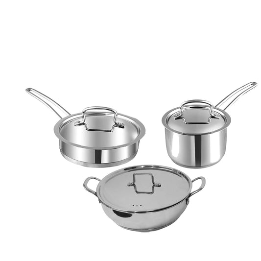 Deluxe Combo Set of 3 Pcs - Frypan 22cm+ Sauce Pan 18 cm+ Kadai 28 cm Sandwich Bottom - pebirds - peacocks