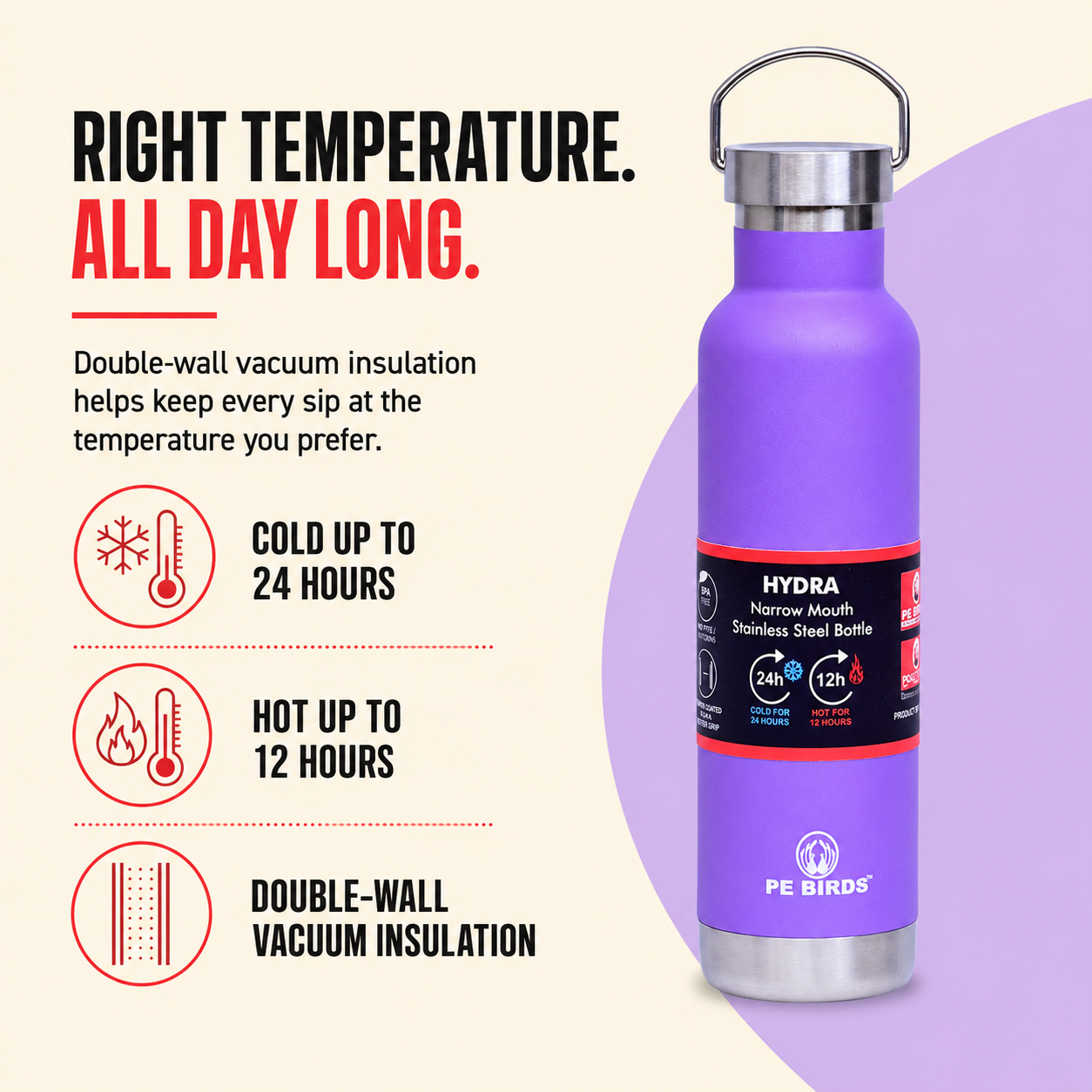 PE BIRDS Hydra Steel LID Stainless Steel flask 600 ml | Say No to plastic lid
