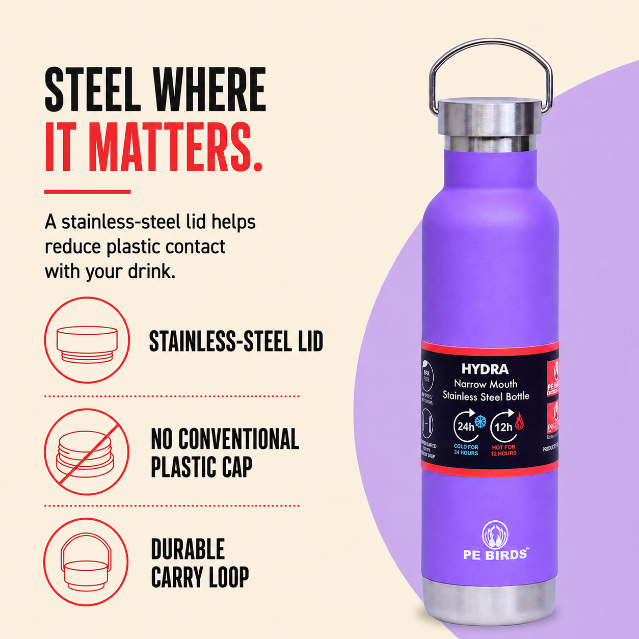 PE BIRDS Hydra Steel LID Stainless Steel flask 600 ml | Say No to plastic lid