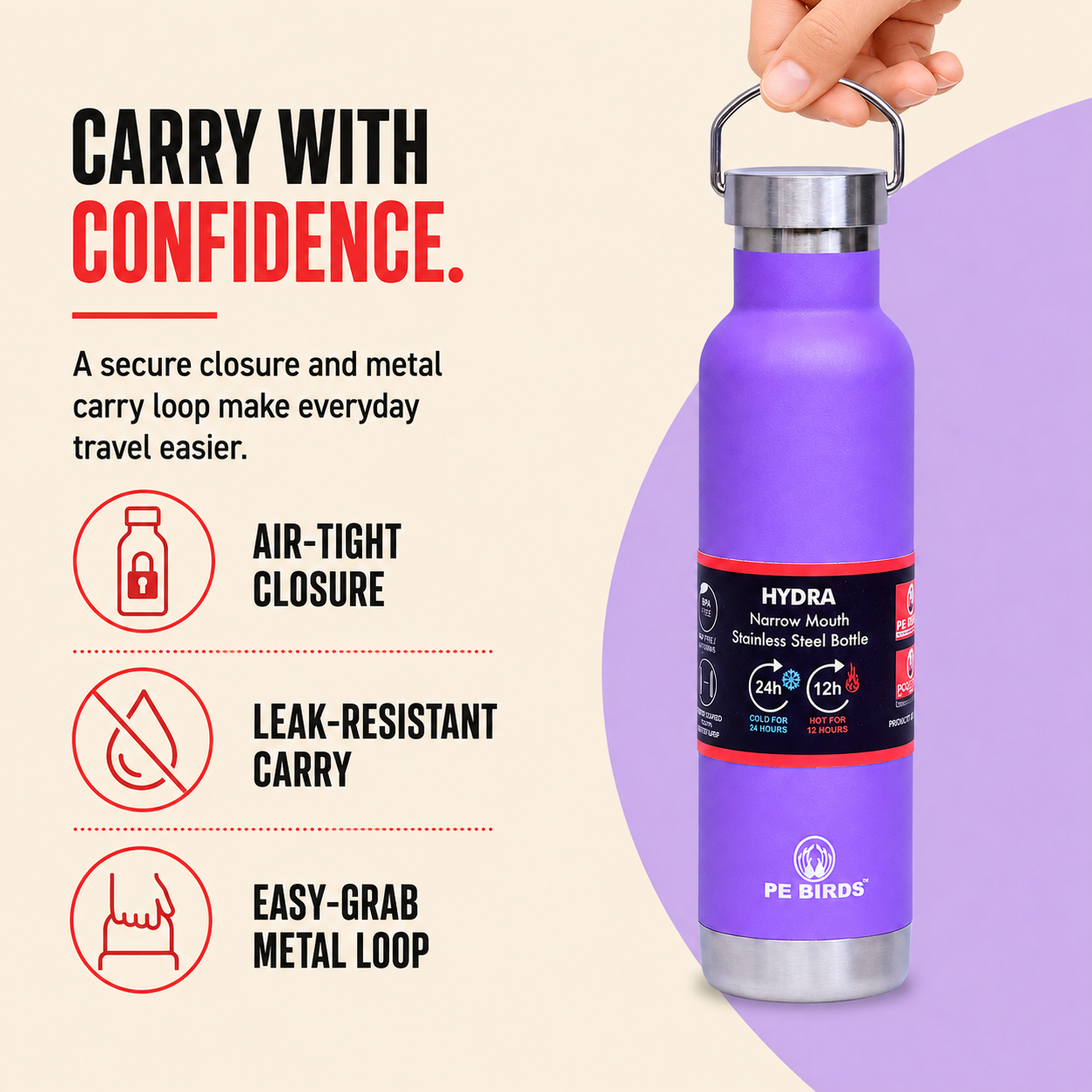 PE BIRDS Hydra Steel LID Stainless Steel flask 600 ml | Say No to plastic lid