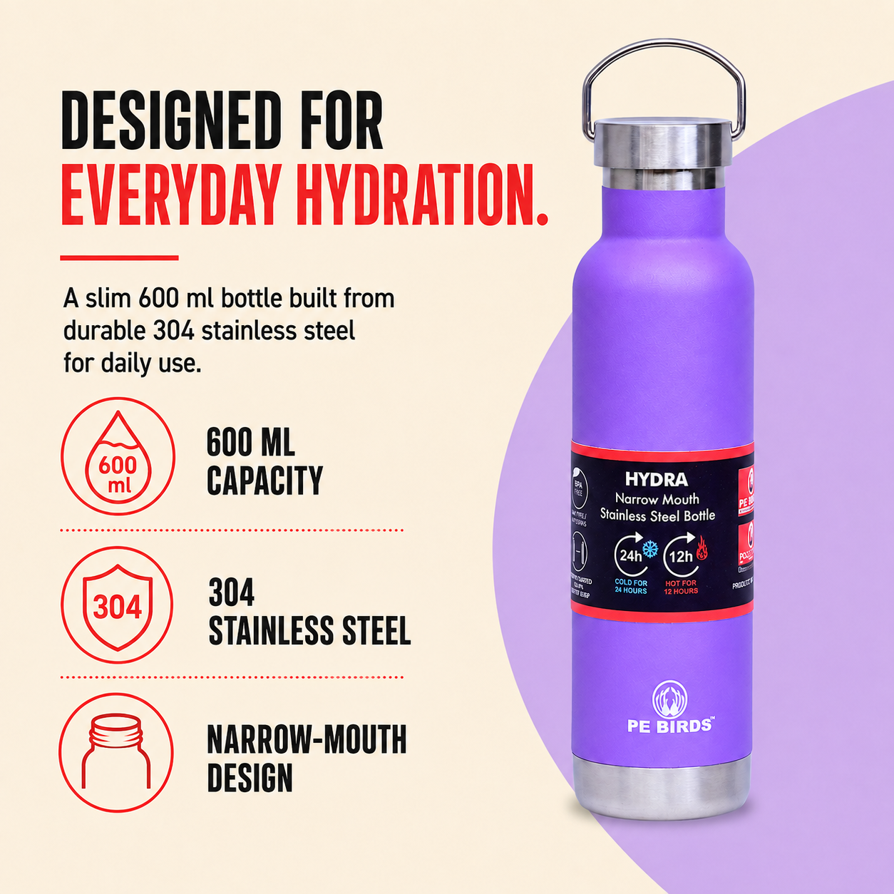 PE BIRDS Hydra Steel LID Stainless Steel flask 600 ml | Say No to plastic lid