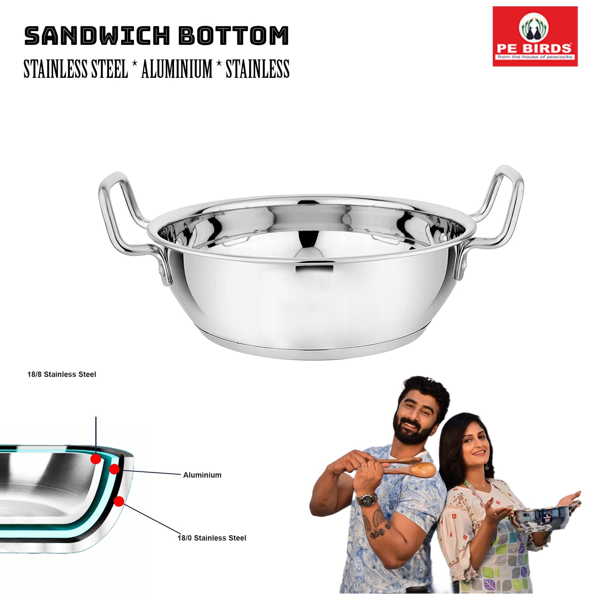 Kadai Stainless Steel with Stainless Steel Lid Sandwich Bottom - pebirds - peacocks