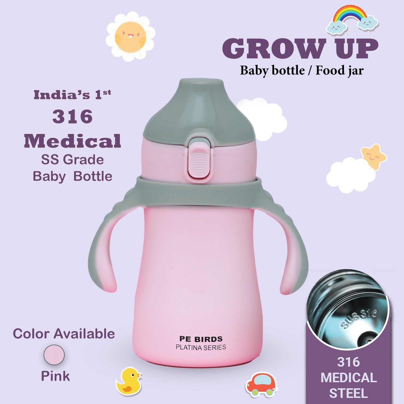 PE BIRDS 316 Grade Stainless Steel Double Wall Baby Bottle | Insulated food jar for Baby 280ml - pebirds - peacocks