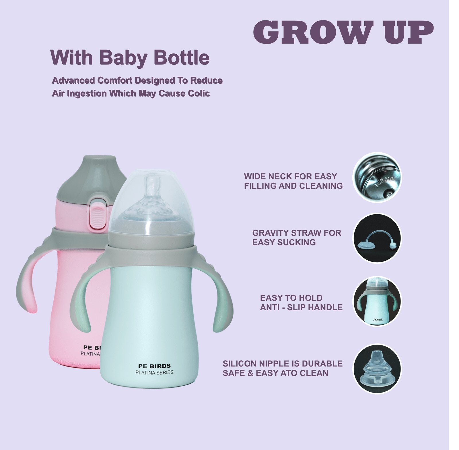 PE BIRDS 316 Grade Stainless Steel Double Wall Baby Bottle | Insulated food jar for Baby 280ml - pebirds - peacocks