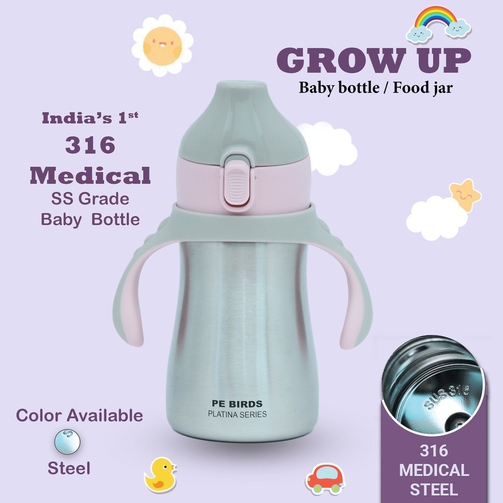 PE BIRDS 316 Grade Stainless Steel Double Wall Baby Bottle | Insulated food jar for Baby 280ml - pebirds - peacocks