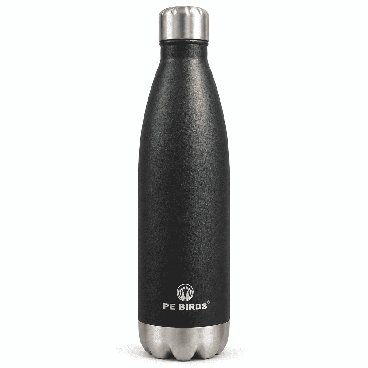 Black PE BIRDS Cola insulated water bottle with stainless steel lid and base, front view.